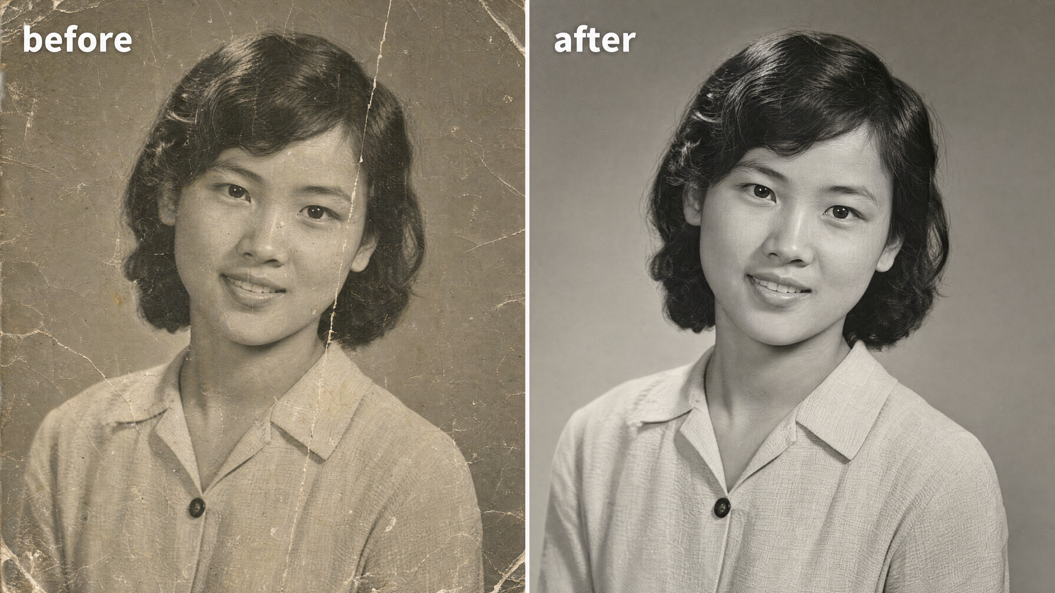 a damaged old photo shown before and after AI restoration and colorization